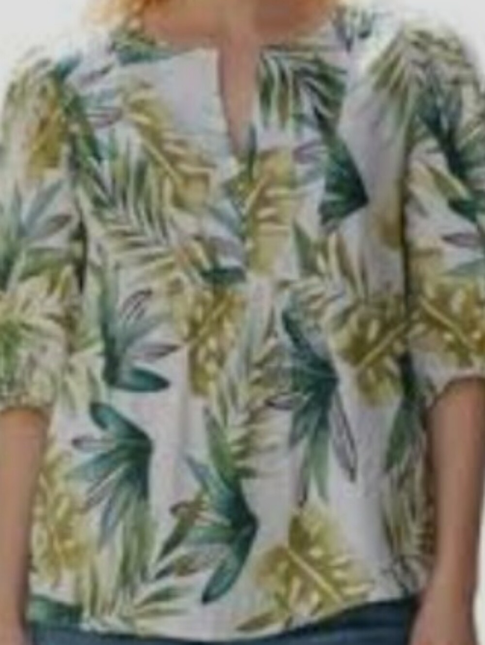 Tropical Print Split-Neck Blouse - Green/White